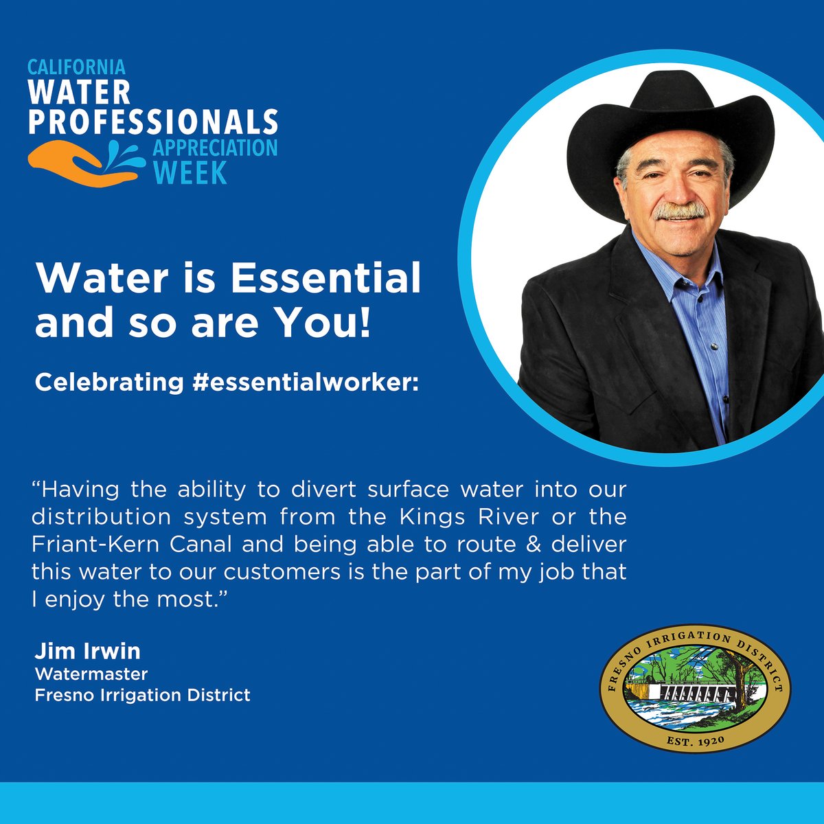 Fresnofid's tweet photo. #Essentialworker Jim Irwin, FID's Watermaster: "Both surface water &amp; groundwater &amp; the organizations that protect, manage, maintain, and deliver this fluid, are the basis of our region of today; without them, there would be no life here." #wpaw #cawater #cawaterweek https://t.co/0RAnVYLI6L