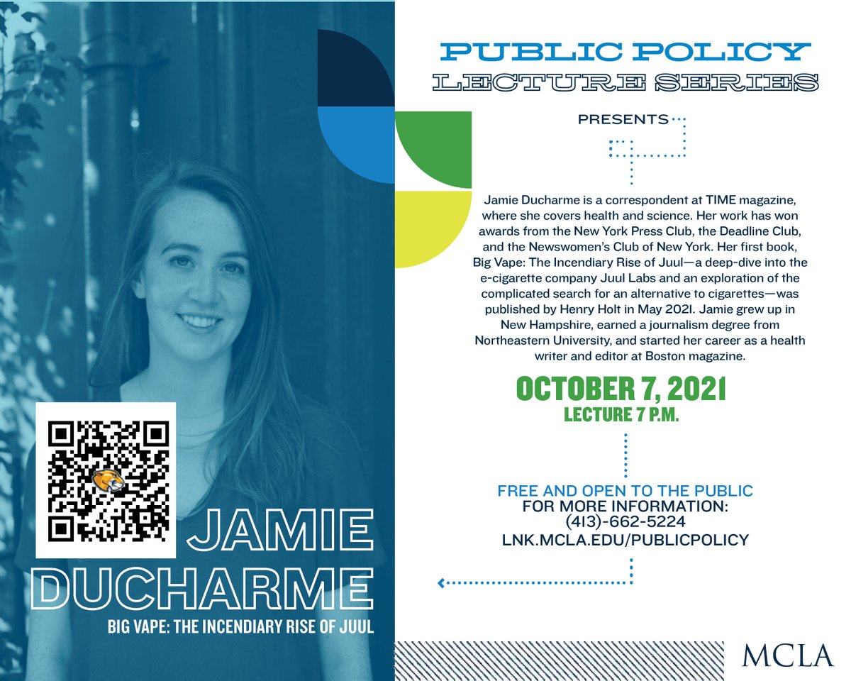 MCLA_EDU's tweet photo. Don’t miss tomorrow’s Public Policy Lecture Event at 7 p.m. featuring TIME Magazine correspondent Jamie Ducharme as she discusses the current vaping industry.

Reserve a virtual spot here: https://t.co/kj43A8j9jq https://t.co/VzVvGOEkYM