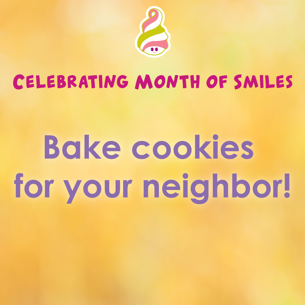 MyMenchies's tweet photo. We’re celebrating the Month of Smiles! 😊 It’s time to put our mission to spread smiles into action. How about putting a smile on your neighbor’s face by baking them cookies! 🍪 #Menchies #FrozenYogurt #Froyo #MonthofSmiles #GoodDeeds #ROAK https://t.co/8KSsBZEpyw