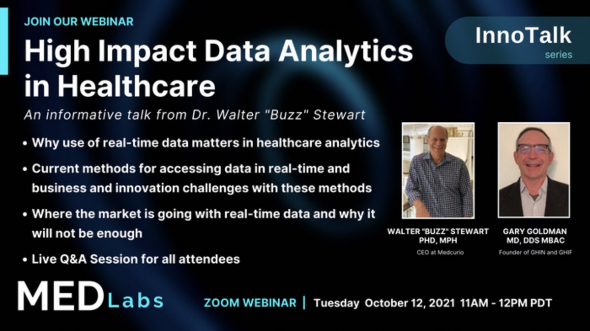 GHINetwork's tweet photo. Global Health Impact Network is excited to announce that the CEO of Medcurio, Dr. Walter “Buzz” Stewart, will be our guest at the InnoTalk Webinar on October 12th at 11AM - 12PM PDT.

Register Here:
https://t.co/FZUoK9CclB

#Analytics #BigData #InnoTalk #Healthcare https://t.co/IgBTXom8ZA