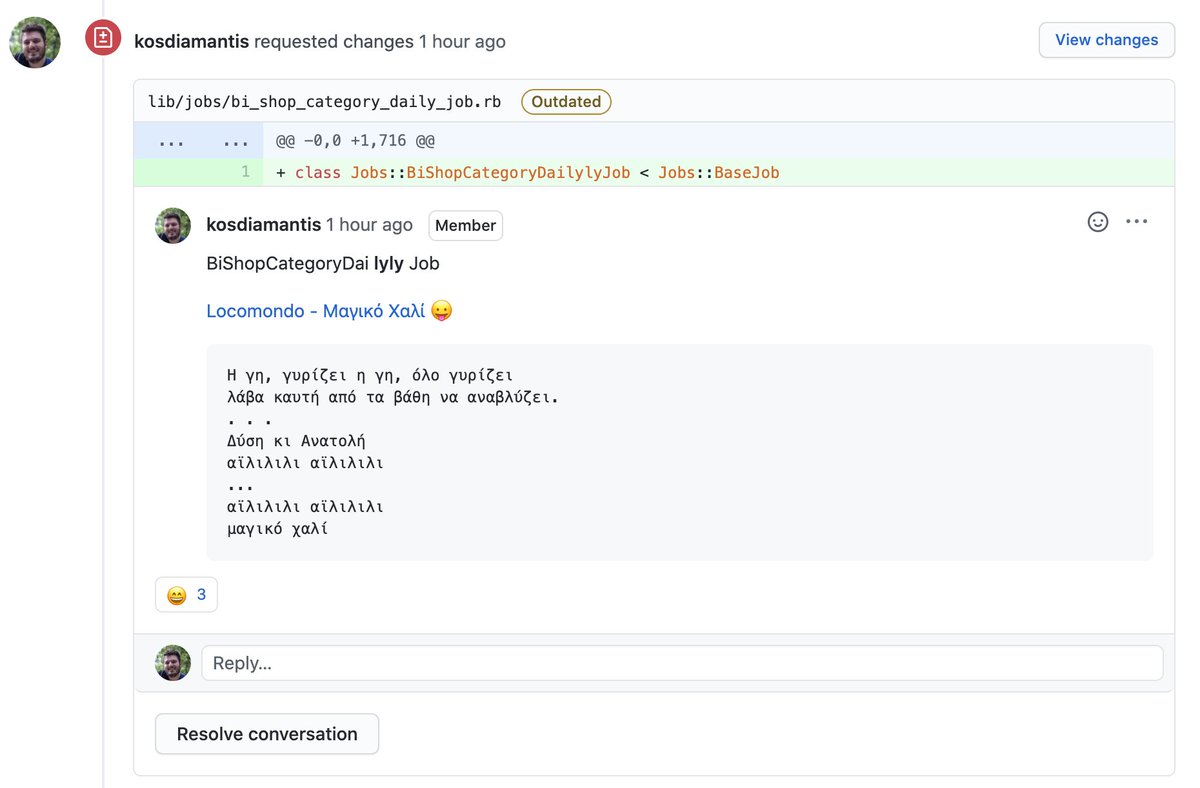 kosdiamantis's tweet photo. When a Pull Request review has a rhythm 🎤🎼🎹🎷

#TeamSkroutz #SkroutzEngineering #CraftingCodeWithPassion #Ruby #Locomondo https://t.co/YIGuC1ETQi