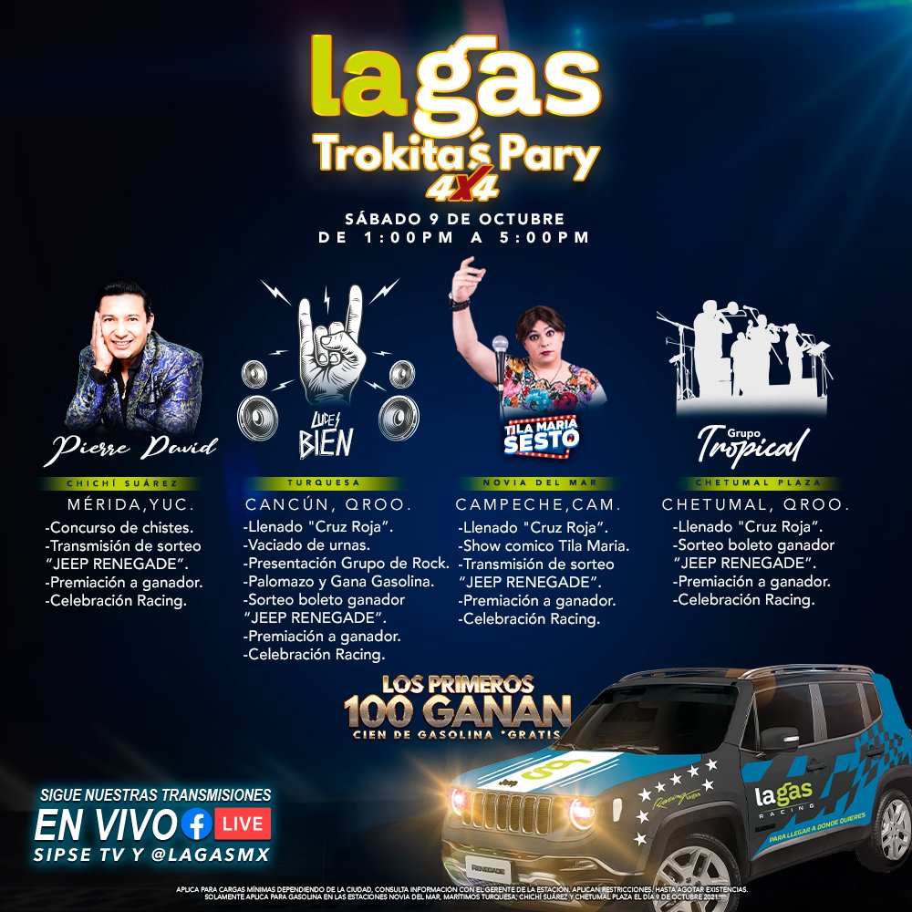 LaGasMX's tweet photo. ¡Gánate la Jeep Renegade! 🚙😎

Te esperamos este sábado en nuestras estaciones de 1 a 5pm para que disfrutes de shows únicos con muchas sorpresas. 📆🎉

Sigue todos los En Vivo a través de SIPSETV y de nuestras redes sociales. 📲

La Gas, litros rendidores y confiables. 🚘⛽️ https://t.co/sTGfLzrpLA