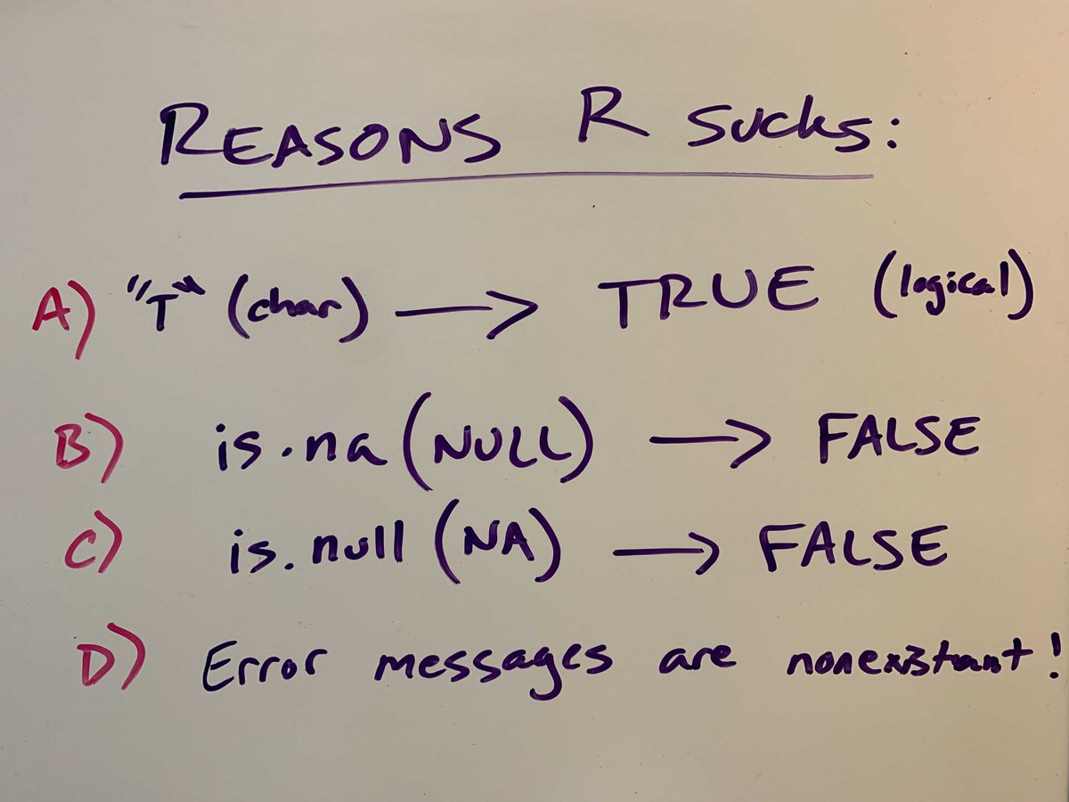 This is not my personal opinion, but a PSA endorsed by my lab of- why you should never code in R. Please, in the name of all things good in this world, do the following:
1) use Python, 2) if you can’t do (1), comment your code, 3) EXPLICIT is better than IMPLICIT -a Python mantra