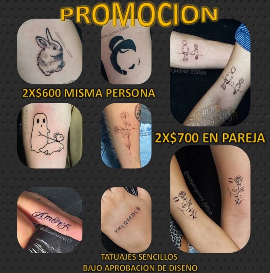 Old Gangsters Tattoo Shop on X: "Promoción TATUAJES SENCILLOS MÁXIMO 7CM. A UNA SOLA TINTA 2X$600 MISMA PERSONA O 2X$700 EN PAREJA #sexy #style #cuauhtémoc #Curiosidades #moda #Mujeres #Belleza #loveback #girl #outfit #