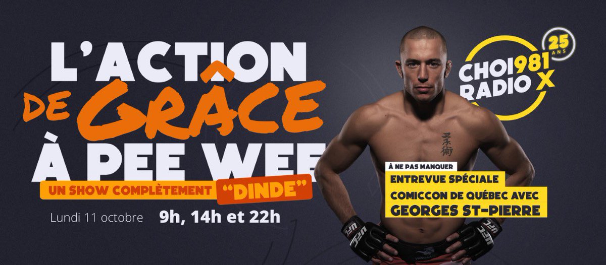 PeeWeeRadioDJ's tweet photo. J’enregistre mon entretien avec Georges St-Pierre demain à midi! Auriez-vous une question le cette légende de la UFC?
Je vais prendre UNE de vos questions et vous aurez le crédit… Est-ce que se sera TA question? #AskGSP https://t.co/GvXYXmhcyu