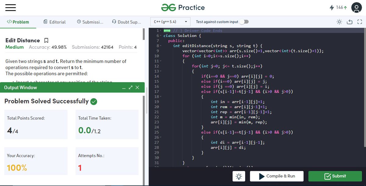HemangSinha's tweet photo. #100daysofcodewithGFG 
@geeksforgeeks

Day 21/100
✅ POTD - Edit Distance

#100daysofcode #100daysofcodechallenge https://t.co/RUfXdsQebm