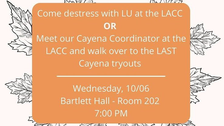 UMassLU's tweet photo. Come see us tonight at 7 PM at the LACC in Bartlett Hall - Room 202! You have the option of chilling in the LACC with some music and games or you can try out for cayena dance by walking over to the Rec Center with our dance coordinator! Whichever one you choose, come to the LACC! https://t.co/5TjKjfn3Pl