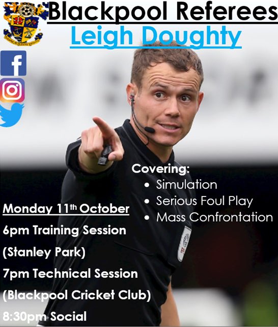 BlackpoolRefs's tweet photo. Monday 11th October 

Our October meeting takes place this Monday at Blackpool Cricket Club at 7pm. 

Our Chairman Leigh Doughty will be doing a session on serious foul play, simulation and mass confrontation! 

We also have a physical training session at 6pm! ⚽️ https://t.co/9Rgd8Lc4wU