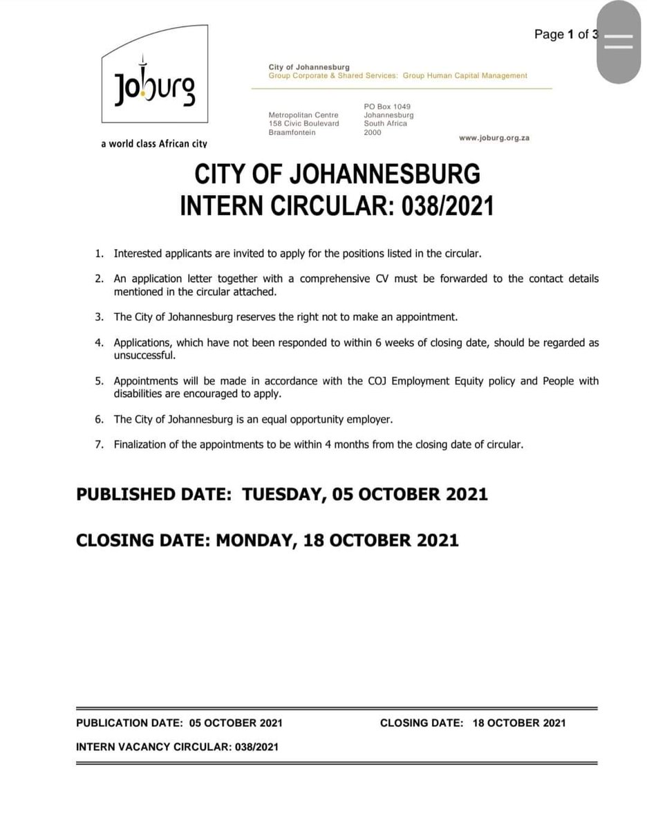 CityofJoburgZA's tweet photo. #JoburgVacancies Intern x2  
✅Transport Planning and Policy 

Use the link provided to apply 
 https://t.co/KFH8RnLLLx #vacancies #JobSeekersSA #WeServeJoburg ^NB https://t.co/Swbn90Ytna