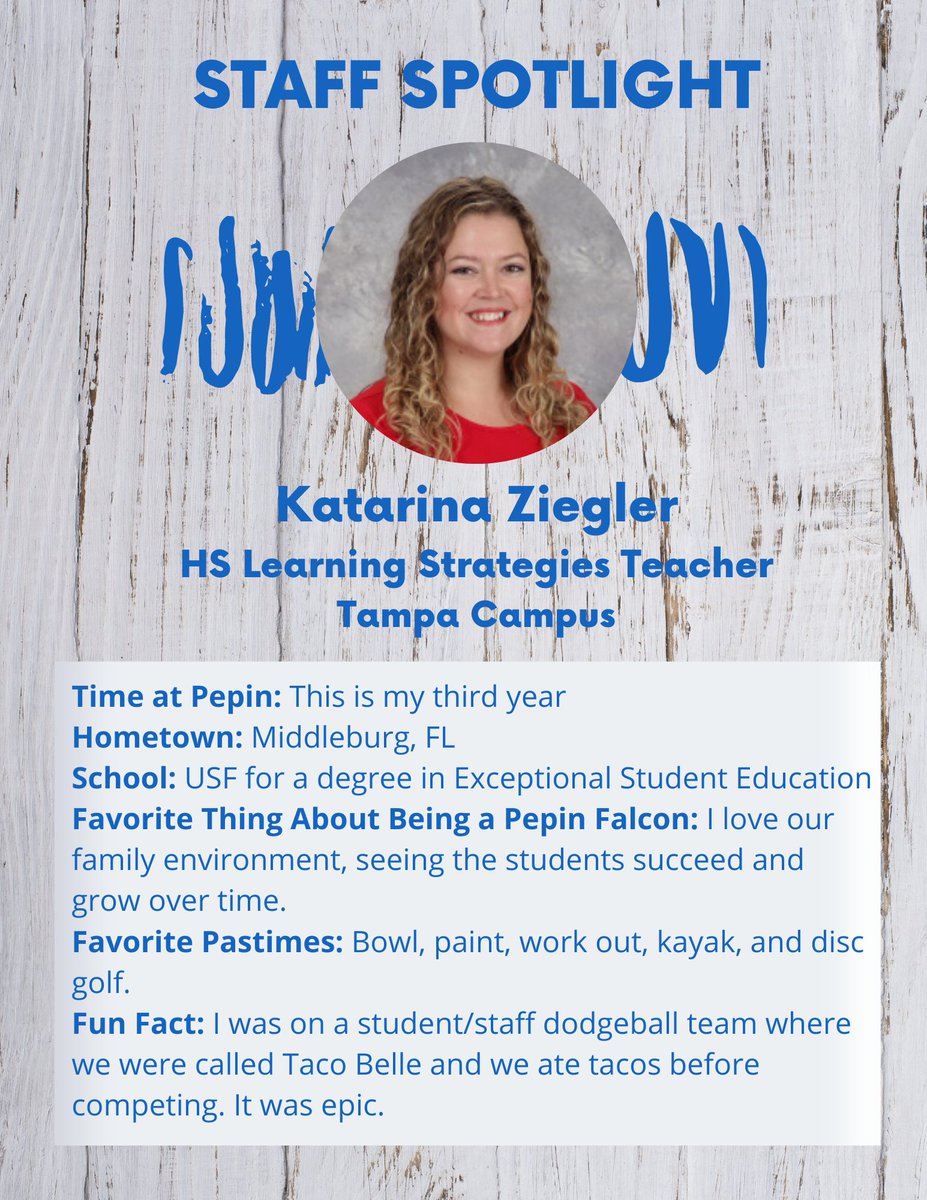 This week's Saturday Staff Spotlight is on Katarina Ziegler from our Tampa campus!
#StaffSpotlight #PepinPride #FalconFamily
