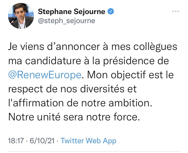 JDecerle's tweet photo. Je tiens à féliciter et à exprimer tout mon soutien à @steph_sejourne faisant aujourd’hui le choix courageux et responsable de candidater à la présidence de @RenewEurope.Sa vision,son ambition,son engagement pour le projet 🇪🇺 seront une force politique pour notre groupe. https://t.co/dmVMud5r64