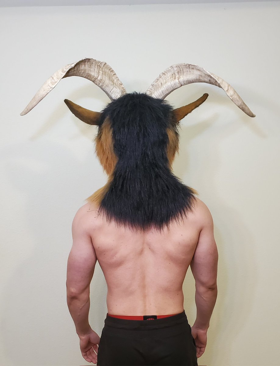 DeoTasDevil's tweet image. Goat mask made by @/Crystumes. Perfect for a Baphomet Halloween costume or a goat fursuit. 

Horns are very light hollow cast resin and removable to pack down for traveling, has a moving jaw, finished mouth with detailed teeth and silicone tongue, and gloriously thick NFT beard!