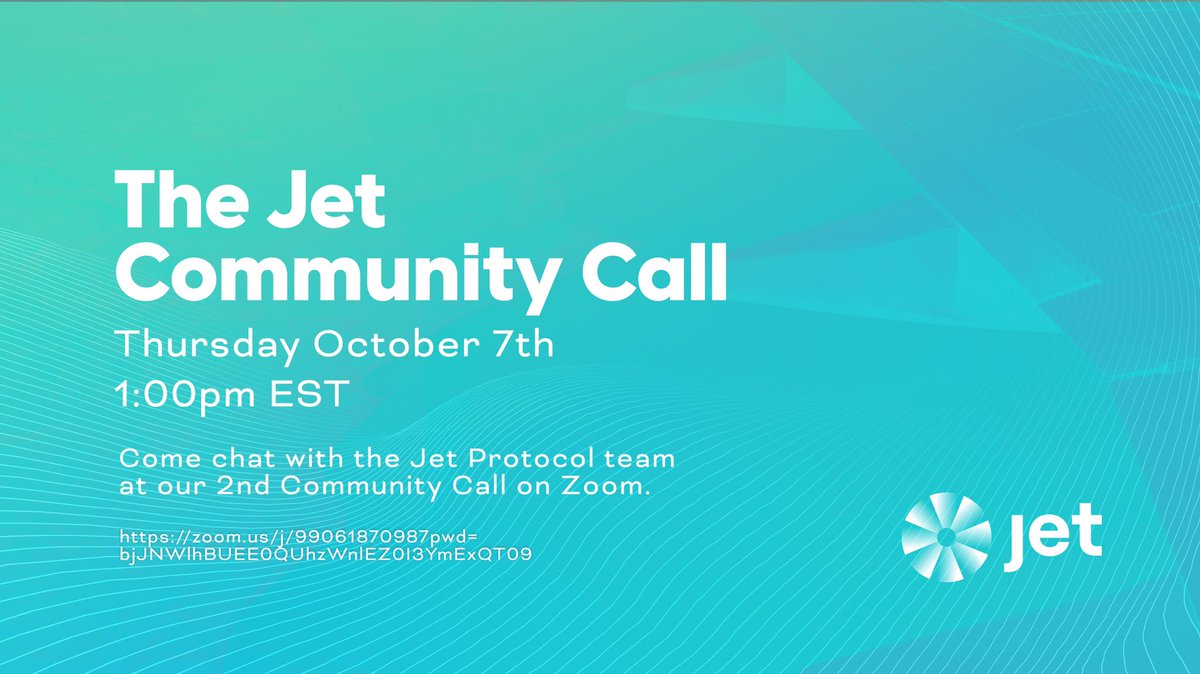 Jet Protocol's Community Call is back! Come join our second call tomorrow (Thursday) at 1pm EST and ask all your burning questions! We’ll be right here zoom.us/j/99061870987?… ✈️🤝