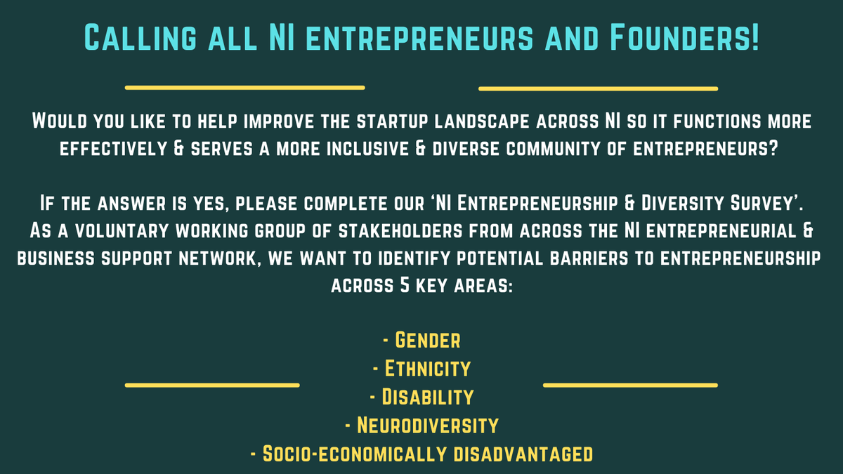 Help us on our mission to better embed diversity &amp; inclusion within entrepreneurship in NI!

Click here to complete the survey
surveymonkey.co.uk/r/NZKRRN5

<a href="/jemmarketing1/">Jenny Ervine</a> @fundingtales <a href="/NI_LorraineA/">Lorraine Acheson</a> <a href="/tn_nireland/">Tech Nation Northern Ireland</a> <a href="/MMaryMcKenna/">Mary McKenna</a> @Cjstirling59 <a href="/NikitaBrijpaul/">Nik</a> <a href="/orla_mckeating/">Orla McKeating (she/her)</a> <a href="/cafe_browns/">BrownsCommunity</a>