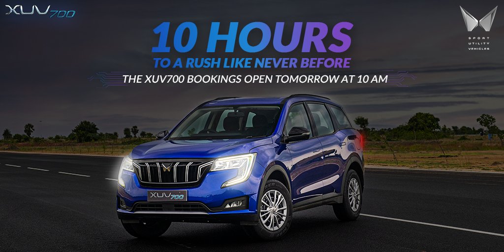 Mahindra_XUV7XO's tweet photo. Your adrenaline-packed journey begins in 10 hours.
Added the #XUV700 to cart yet? If not then get it locked and loaded now. See you tomorrow at 10 AM.
https://t.co/ZGPAUTwJ9G

#HelloXUV700 https://t.co/XKdbAzR4rE