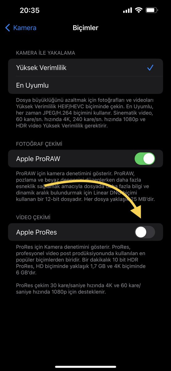 OzgurBilge's tweet photo. iOS15.1 Beta 3 ile Video için ProRes aktif edilebilir durumda. #iOS1501 #prores https://t.co/X7Mu6Owlc3