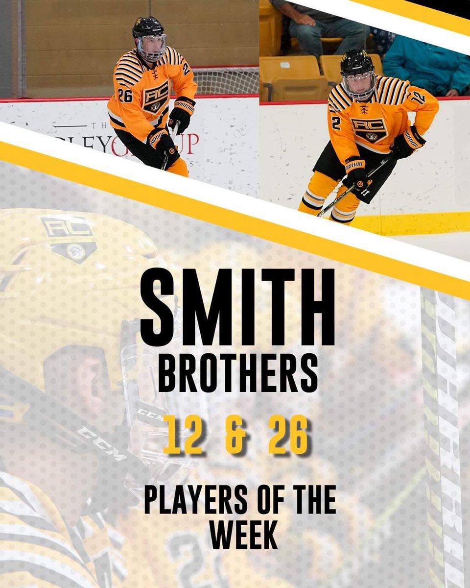 AdrianCollegeTV's tweet photo. For the first time EVER our Player of the Week is actually a pair of brothers! The Smith brothers combined for 12 POINTS on the weekend! Congrats to Connor and Sebastian Smith 🏒 #Hockey #GDTBAB @AdrianMD1Hockey https://t.co/yhTFE7cLD5