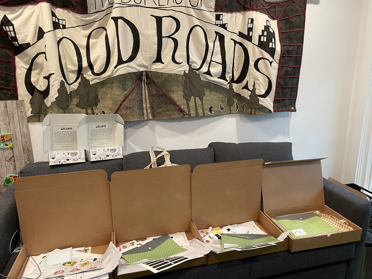 FinnQuinn's tweet photo. Listening to #NTSB webinar while assembling STEM kits about street design that will be mailed out to people working with kids in U.S. and Canada. So much to do, so many ways to reach kids with these key ideas #Design4Kids https://t.co/2TUA74Ixgy