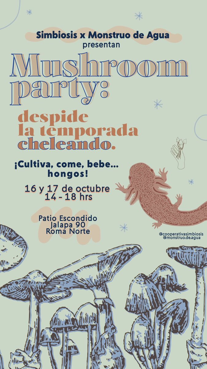 Simbiosis_MX's tweet photo. ¡Despidamos la temporada con una #MushroomParty y con las deliciosas chelas de #MonstruodeAgua! Les esperamos el próximo 16 y 17 de octubre en Jalapa 90 Roma Norte 🍃🍄❤️🔥🍻 https://t.co/F8dFqGzfvy