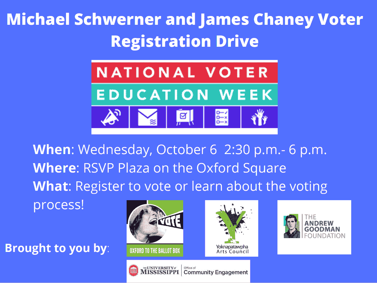 AmericanVision5's tweet photo. Happy #NVEW2021 And if you're near Oxford Square in Oxford MS this afternoon, come by our Register to Vote table! (cookies, info and great conversations are on the menu!
Thanks @YACoxfordarts @AndrewGoodmanF and @OleMiss Voter Engagement Roundtable and Student Ambassadors P https://t.co/00tppjjtJK