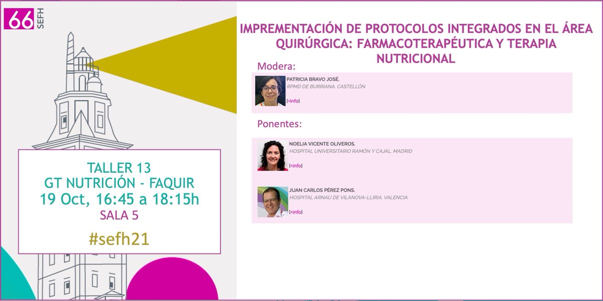 sefhcongreso's tweet photo. ¿Te interesa la terapia nutricional en el paciente quirúrgico? ¿Cómo implementar protocolos farmacoterapéuticos en esta área? Nos lo cuentan los compañeros @NVOfar y @jcperezpons  de @GrupoNutri y #FaQuir en este completo taller. Moderado por: @bravo_patricia1 #sefh21 https://t.co/BriUWul8nr