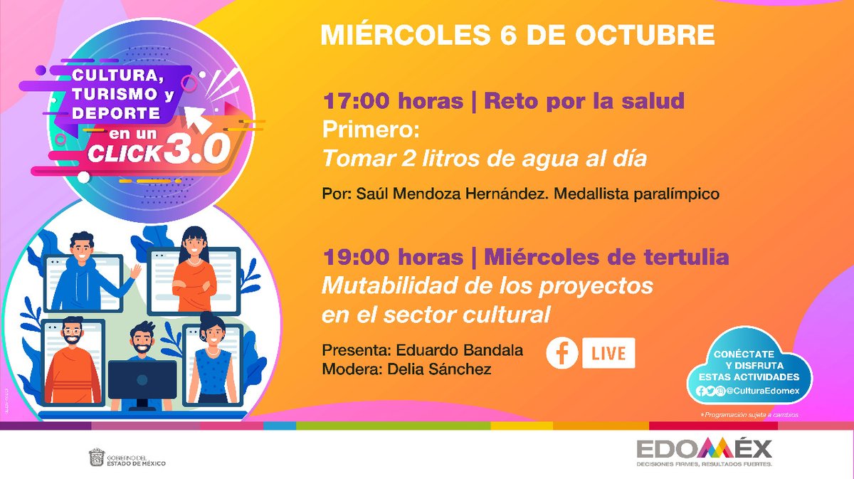 DGENedomex's tweet photo. En este #MiércolesDeTertulia, disfruta de la charla #EnVivo “Mutabilidad de los proyectos en el sector cultural” a través de #CulturaEnUnClick. https://t.co/FpPM6LGznl