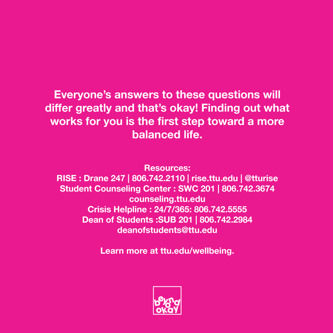 TexasTech's tweet photo. Wellbeing: A whole new world?

#BeyondOkay means that we’re looking past “I’m okay” to take a look at what wellbeing actually looks like for each of us.

Asking the right questions helps lead you to the right answers and resources to support you along the way! https://t.co/9e8YZLJphd