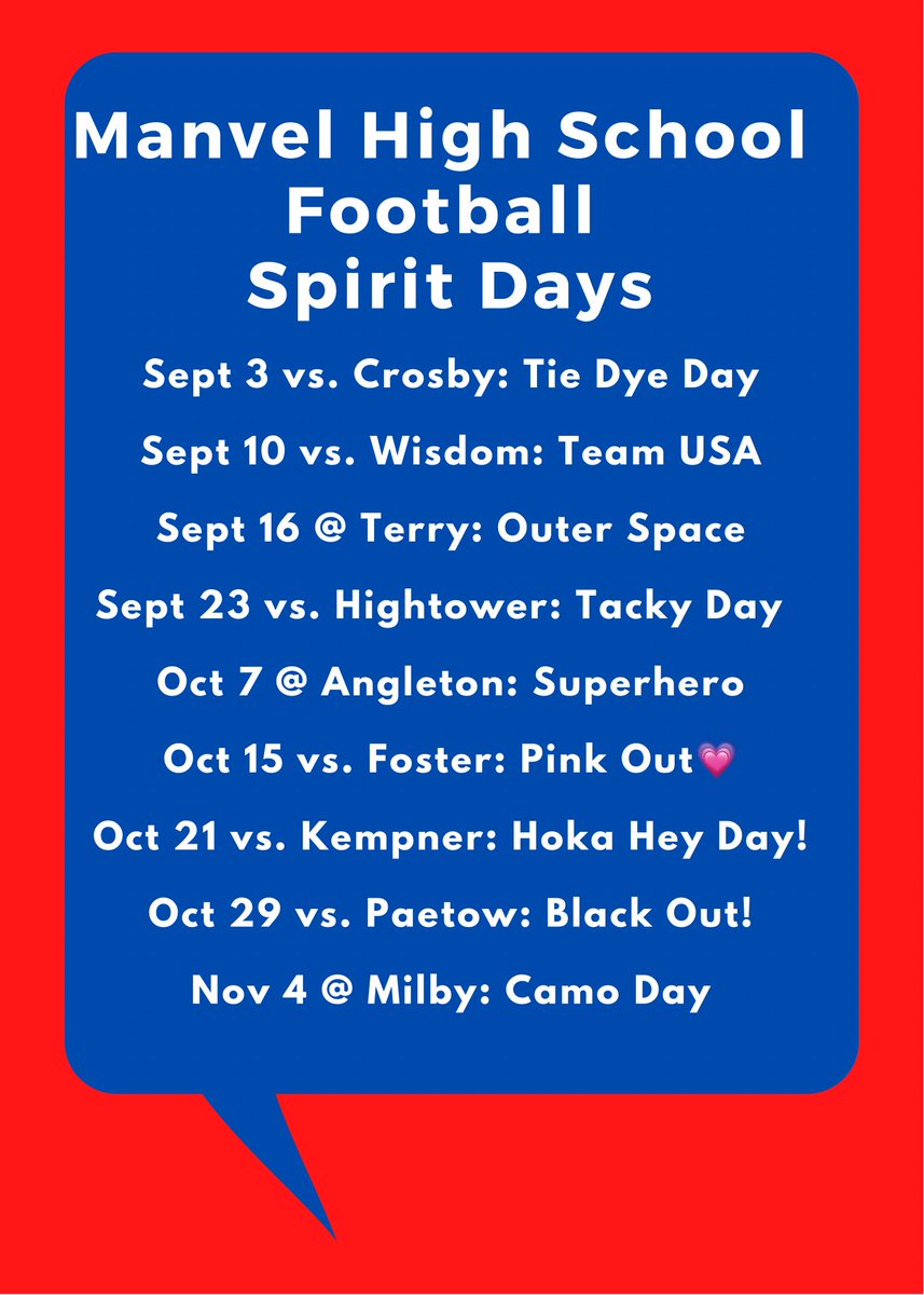Spread the word! Our spirit day themes have been updated! <a href="/ManvelHS/">Manvel High School</a> <a href="/MHSMavStuCo/">ManvelMavsStuCo</a> <a href="/HokaHeyBooster/">Manvel Ath Booster Club 🏈🏐🏀⚾️🥎⚽️⛳🏊‍♂️🏋️🏃‍🏃</a> <a href="/ManvelVBall/">Manvel Volleyball</a> <a href="/ManvelHSBand/">Manvel Maverick Band</a> <a href="/ManvelMajestics/">Majestics & Royals</a> <a href="/MavsCounsel/">Manvel HS Counselors</a> <a href="/manvelseniors/">Manvel HS Class of 2022</a> <a href="/ManvelGBB/">Manvel Lady Mavs Basketball</a> <a href="/ManvelMavs_XC/">Manvel XC & Girls T&F</a> <a href="/ManvelHS_AVID/">ManvelHS AVID</a>