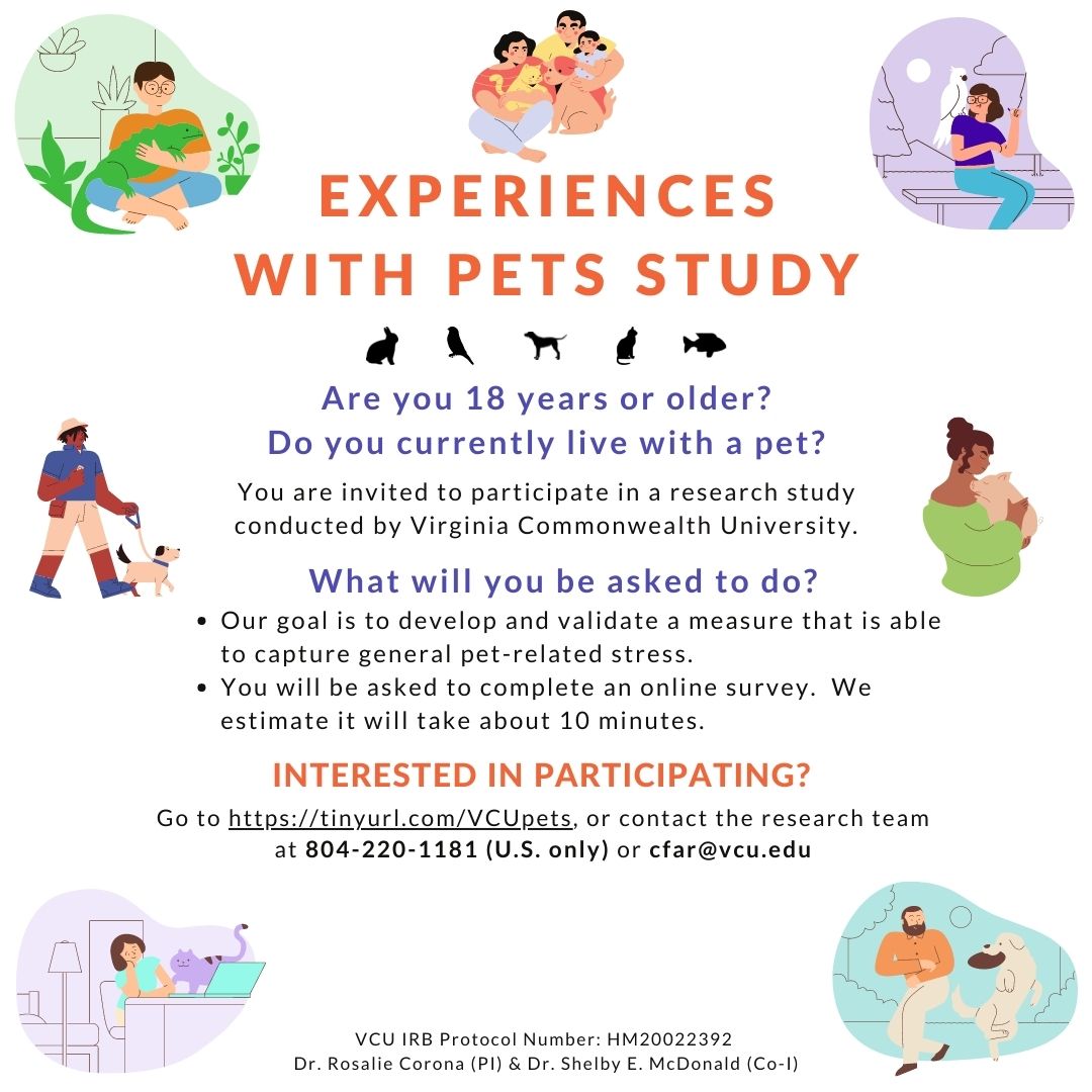 CamieTomlinson's tweet photo. I'm excited to launch this measurement development study with @AMatijczak! 
👇 We are currently recruiting participants who are 18 years or older and currently living with a pet. 👇 https://t.co/qiOCh3VXuy 🐶🐱🐰🐹🐟 
(RTs appreciated!) https://t.co/s91su1b06v