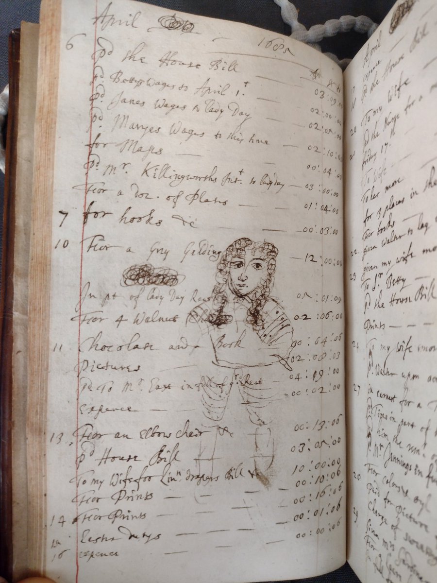 "Here's Johnny!" Couldn't help myself when seeing this fella peeking out from amongst John Evelyn Jr's household accounts. Bonus points for listing #chocolate, #maps, #prints, and money "to my wife"  BL MS Add 78459 <a href="/BL_prints/">BL Prints & Drawings</a>