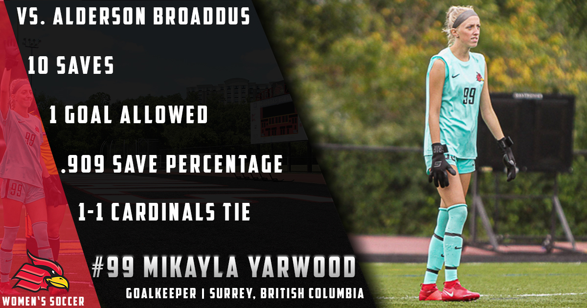 Senior Goalkeeper <a href="/mikaylamarayd/">Mikayla</a> went to work in Sunday's tie⚽️⚽️

She made 10 saves on 11 shots in her team's 1-1 tie with Alderson Broaddus and had a .909 save percentage, making her this week's #CardinalSpotlight #GoCardinals