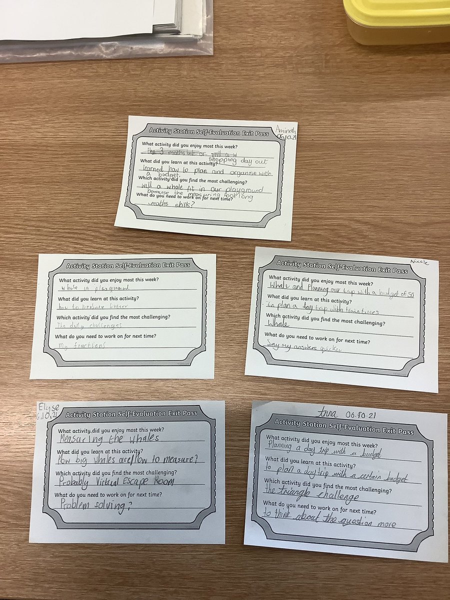 DeanburnPS_P3's tweet photo. Self evaluation exit pass to reflect on our activities during @mathsweekscot What did you enjoy? What was challenging? What did you learn? What are your next steps? #assessment #evaluation #exitpass #self #reflect #numeracy #activities #MathsWeekScotland https://t.co/Pxu8bnU786