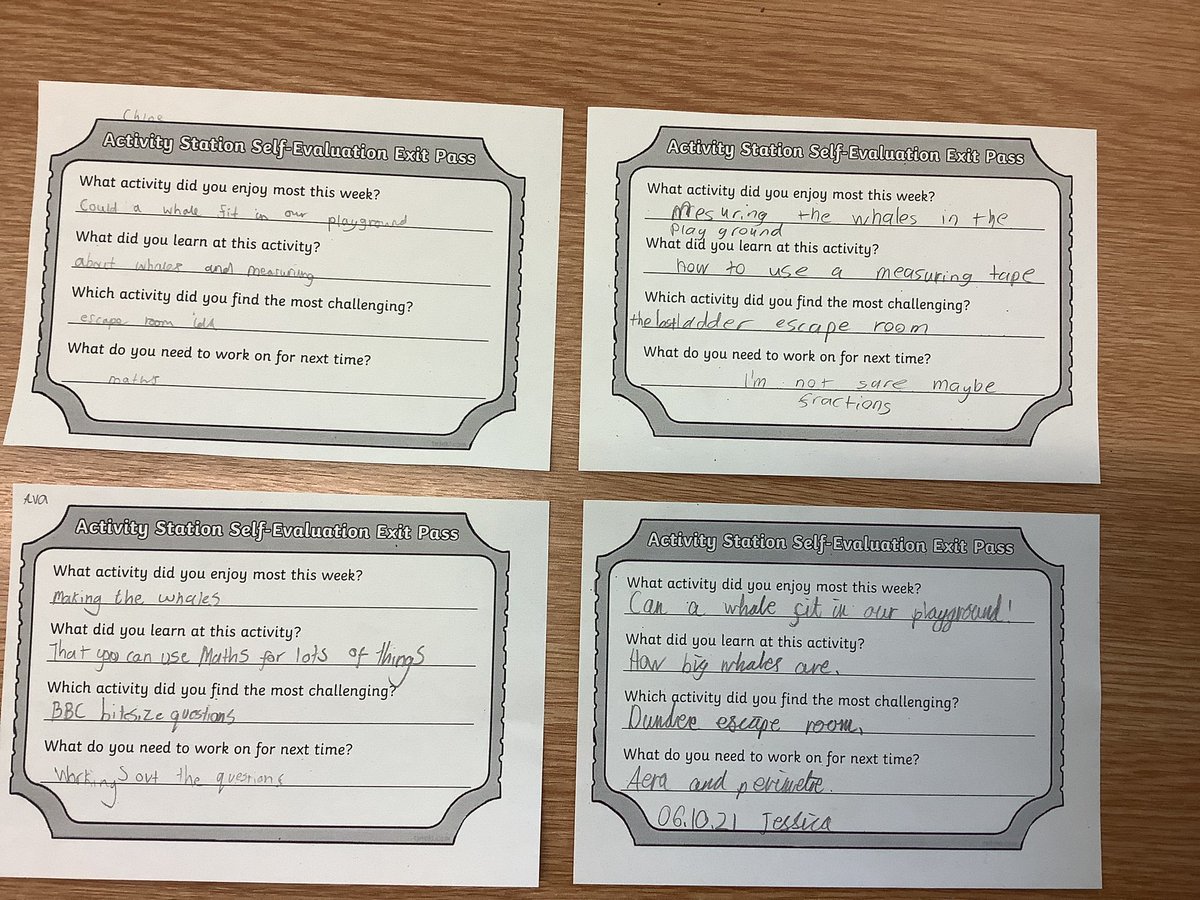 DeanburnPS_P3's tweet photo. Self evaluation exit pass to reflect on our activities during @mathsweekscot What did you enjoy? What was challenging? What did you learn? What are your next steps? #assessment #evaluation #exitpass #self #reflect #numeracy #activities #MathsWeekScotland https://t.co/Pxu8bnU786