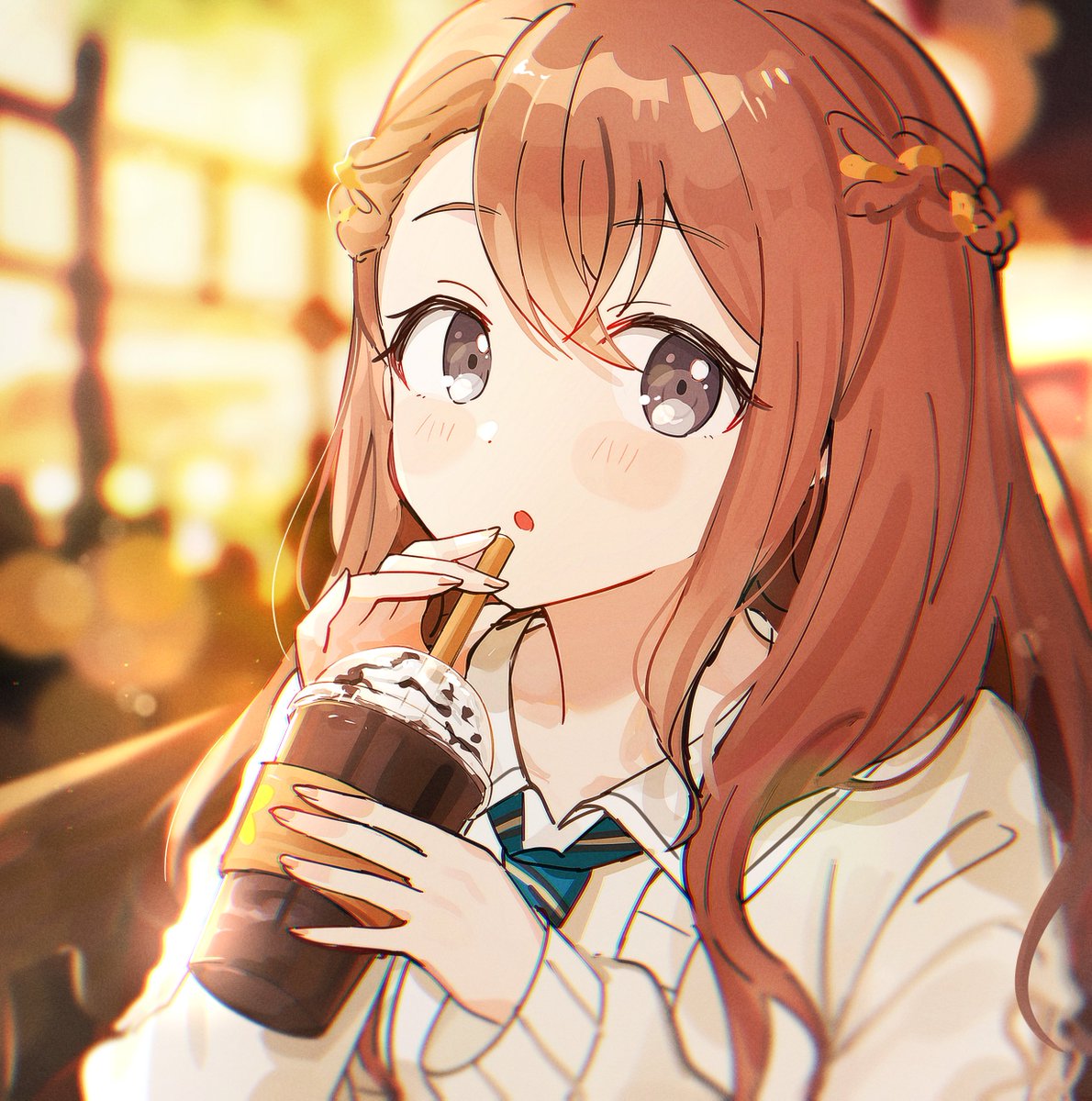 1girl blurry brown hair grey eyes cup solo holding  illustration images