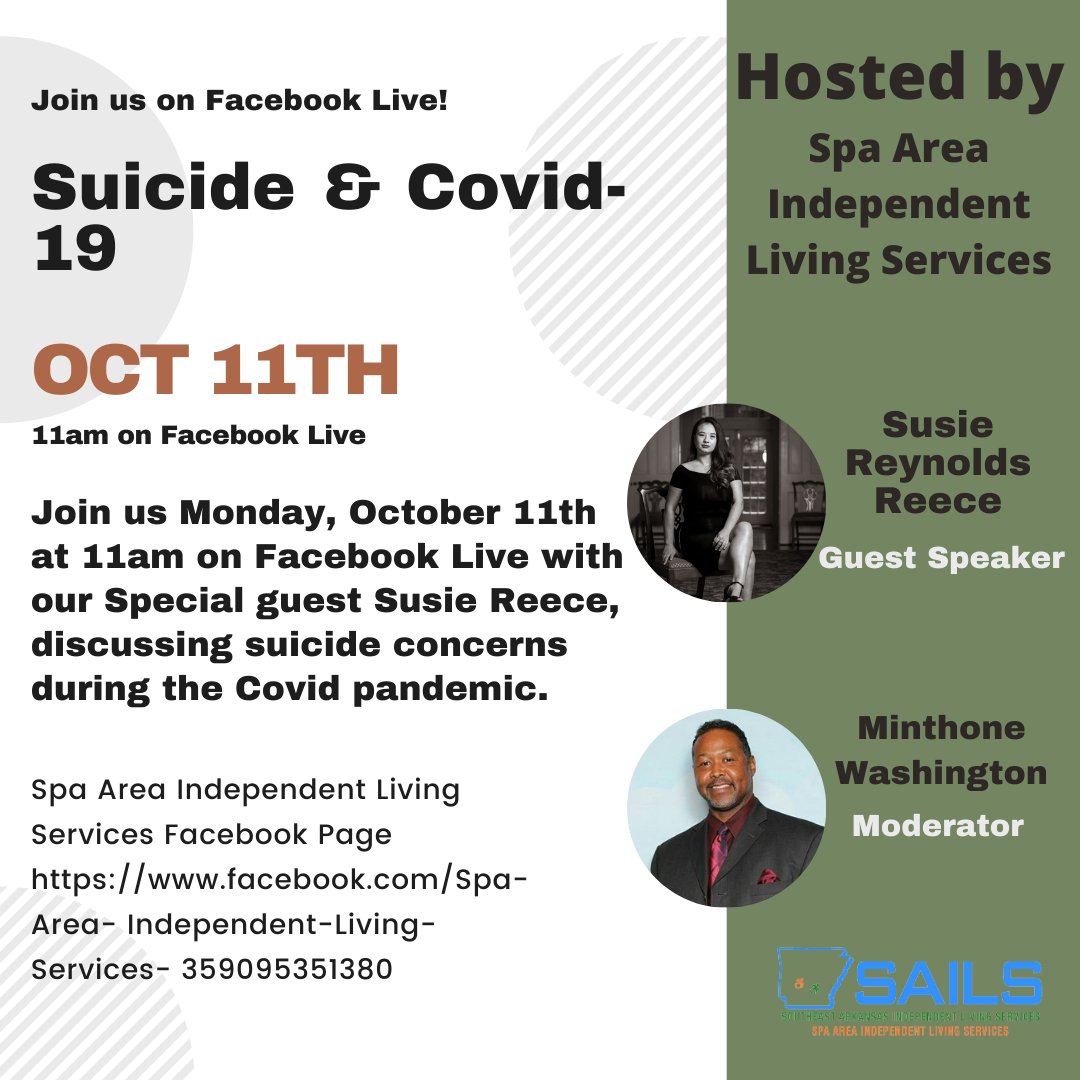 SpaArea's tweet image. The Spa Area of Independent Living Services is discussing the Suicide concerns during the COVID-19 pandemic on Monday, October 11th at 11am on Facebook Live. #sails #independentliving