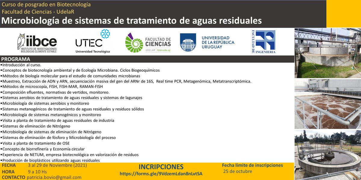 Abrieron las inscripciones para el #curso "Microbiología de sistemas de tratamiento de aguas residuales" 🙂🔬💦
Acceso al formulario 👉bit.ly/3iDtFOu
Consultas ▶️ patricia.bovio@gmail.com (<a href="/BovioWinkler/">Patricia Bovio Winkler</a>).