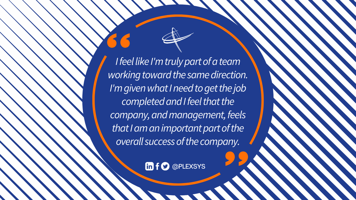 PLEXSYS's tweet photo. Check out this short & sweet review left by one of our team members on Glassdoor. Every employee is important at @PLEXSYS & we’re looking for more people to join our team! Learn more: https://t.co/dM3MAQUty2
#companyculture #workculture #nowhiring #plexsys #hirevets https://t.co/hgB0YrqufN