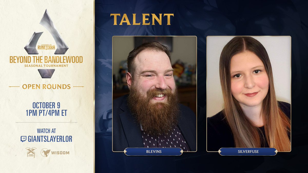 GiantSlayerLoR's tweet photo. Meet your casters for the @PlayRuneterra Beyond the Bandlewood Seasonal Open Rounds! 

@The_Blevins and @SilverfusePlays will lead you through the broadcast as we narrow down the field for the Top 32.

We'll see you on Saturday! https://t.co/MdC6xDcodj