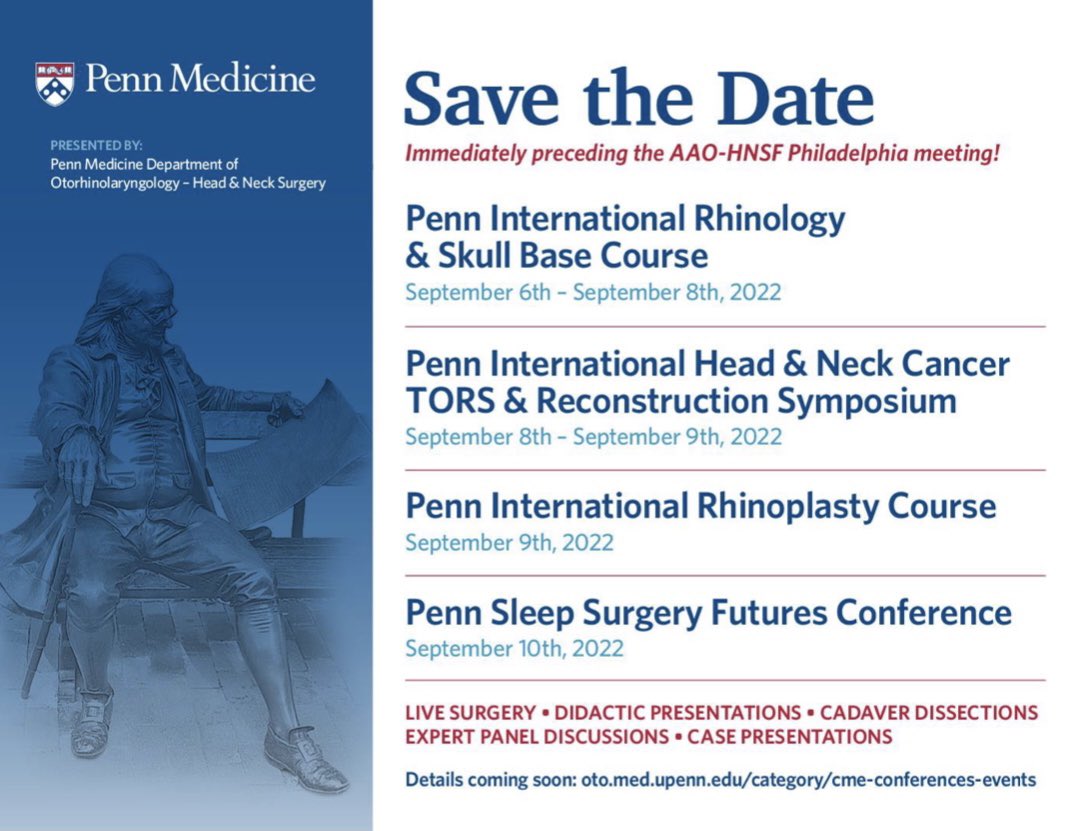 Penn Otorhinolaryngology (@penn_ent) on Twitter photo Mark your calendars and save the date! 🗓 Next year, the annual <a href="/AAOHNS/">AmAcadOtolaryngology</a> meeting will be held in Philadelphia! Immediately preceding this event, #PennENT <a href="/PennMedicine/">Penn Medicine</a> will be hosting a series of our own courses and events! Mark your calendars and save the date! 🗓 Next year, the annual <a href="/AAOHNS/">AmAcadOtolaryngology</a> meeting will be held in Philadelphia! Immediately preceding this event, #PennENT <a href="/PennMedicine/">Penn Medicine</a> will be hosting a series of our own courses and events!
