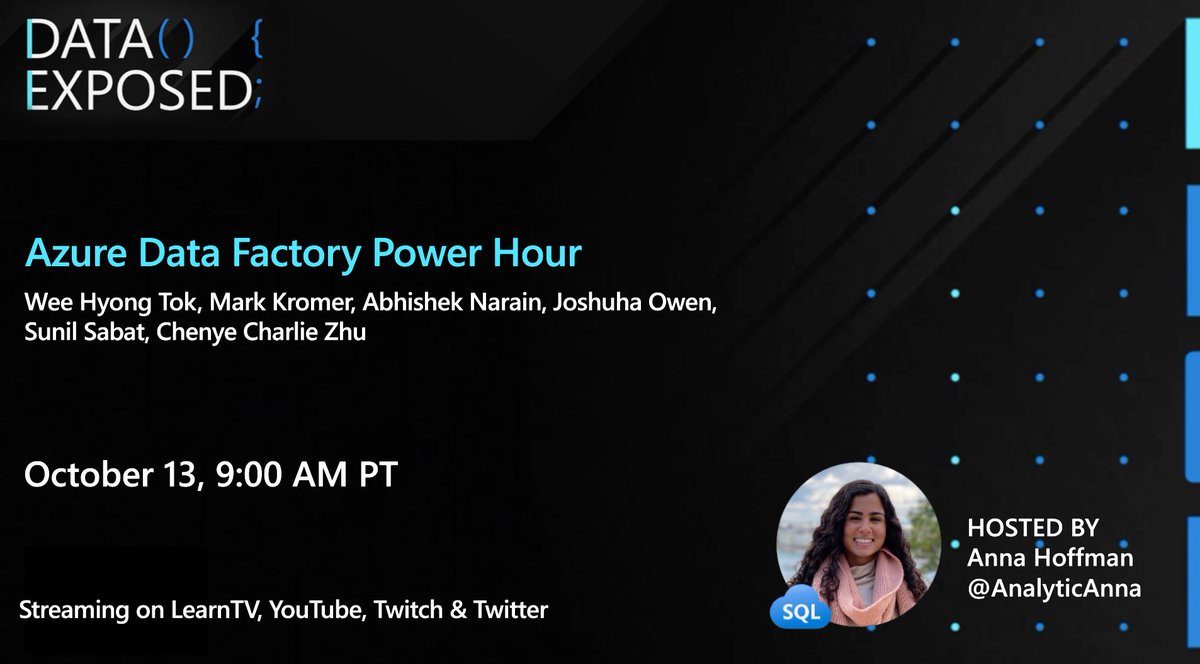 AzureSQL's tweet photo. Next week on Data Exposed Live,  get EXCLUSIVE ANNOUNCEMENTS from @AnalyticAnna &amp; the @AzDataFactory team at their jam-packed, demo-filled Azure Data Factory Power Hour! 

Tune in to the live stream:
📅 October 13
⏰ 9:00 AM PT
🔗 https://t.co/GxRMfmeuAY https://t.co/58FMt4aJZW