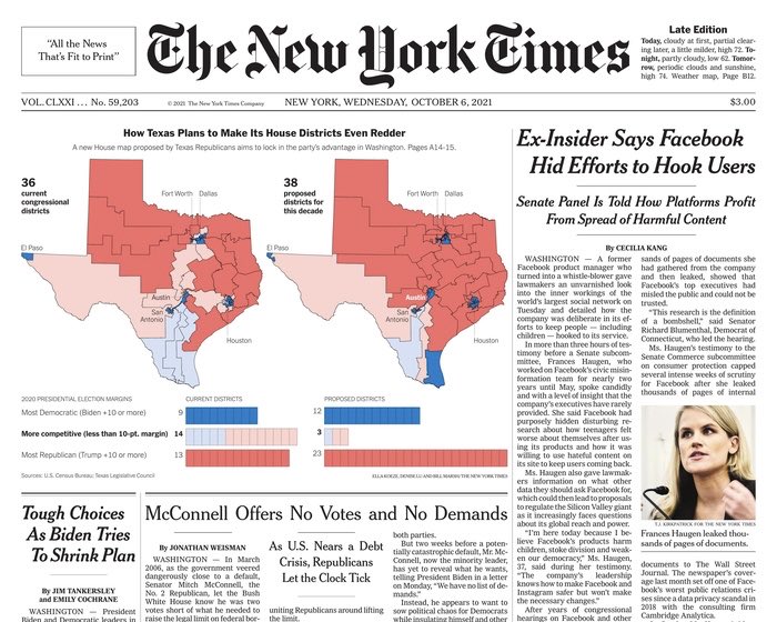 mcpli's tweet photo. Texas redistricting also on the front page of today’s NYT. (BTW, ⁦@SenSchumer⁩, @POTUS, the Freedom to Vote Act would stop this gerrymander in its tracks- if it were law that is). #txlege #FreedomToVoteAct https://t.co/7SA1JSdOCr