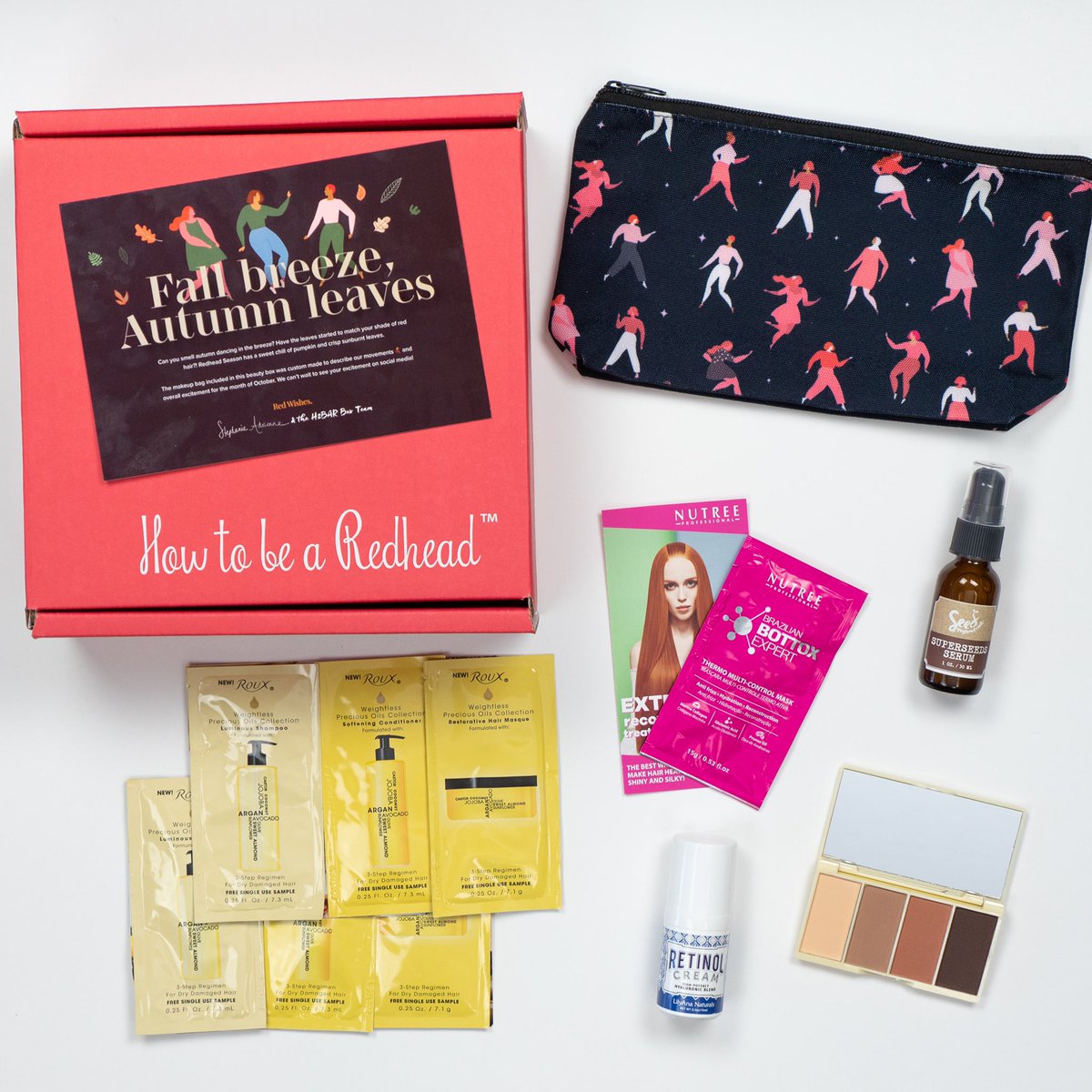 H2BARbox's tweet photo. We’re dancing 💃 The October #H2BARBox is here! Valued at $85+ w/ 3 full-size items:
🍂 @howtobearedhead makeup bag
✨ #Lilyana Retinol Moisturizer
🎨 @bellapierreofficial autumn palette
💧 @seedphytonutrients serum
🌸 @NutreeU 
🌞 @RouxBeauty 

Subscribe:https://t.co/hB5d7pYxZu https://t.co/1u3JBbx5Vx