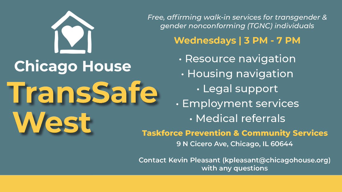 ChicagoHouseTLC's tweet photo. West side, it's a great day to stop by the TransSafe West drop-in to get connected to transgender-affirming resources! Visit us from 3:00 - 7:00 PM at @TaskForceChi. https://t.co/87iqDl1Cbx