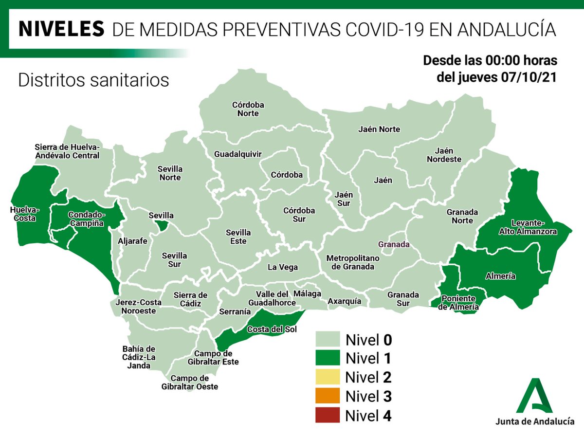 🔎🗺 Este es el mapa de #Andalucía de niveles preventivos por distritos sanitarios.

🖱 Para información más detallada consulta la web
➡ mapacovid.es ✅

Cuida de ti
Cuida de todos
Cuida de Andalucía 💚