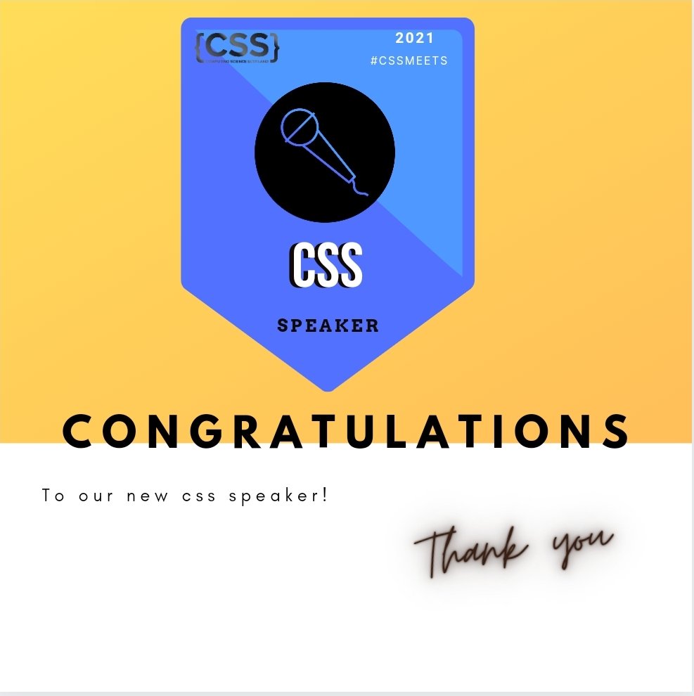CompSciScot's tweet photo. Congratulations to @ShonaMcAlpine for taking part in our #cssmeets you were great and have earned your #cssspeaker badge. #css https://t.co/z5iPFxpBFY