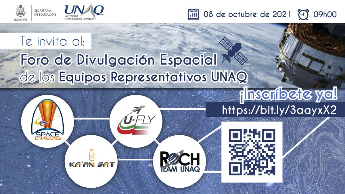 UNAQmx's tweet photo. Está por comenzar el: Foro de Divulgación Espacial de los Equipos Representativos UNAQ 🚀, conoce más de #UFly #RochTeam #SpaceDragons #KaanSat y de nuestro #OrgulloAeronáutico ✈️
¡Realiza tu registro y conéctate! 👇
https://t.co/NO8FJQse5Y https://t.co/NaiXoPD2OP