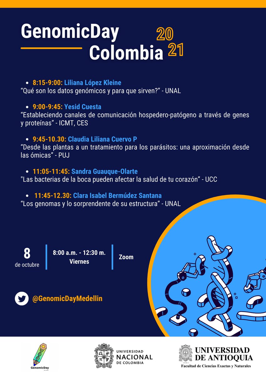 GenomicdayM's tweet photo. Recuerden....este viernes tendremos #genomicday 2021.  Una actividad de ASC organizada por el #GrupoBCEI de la #FCEN de la #UdeA y el Instituto de Biotecnología de la #UNAL Bogotá. Siganos en https://t.co/RIRhErSral https://t.co/lJ68zdGlsQ