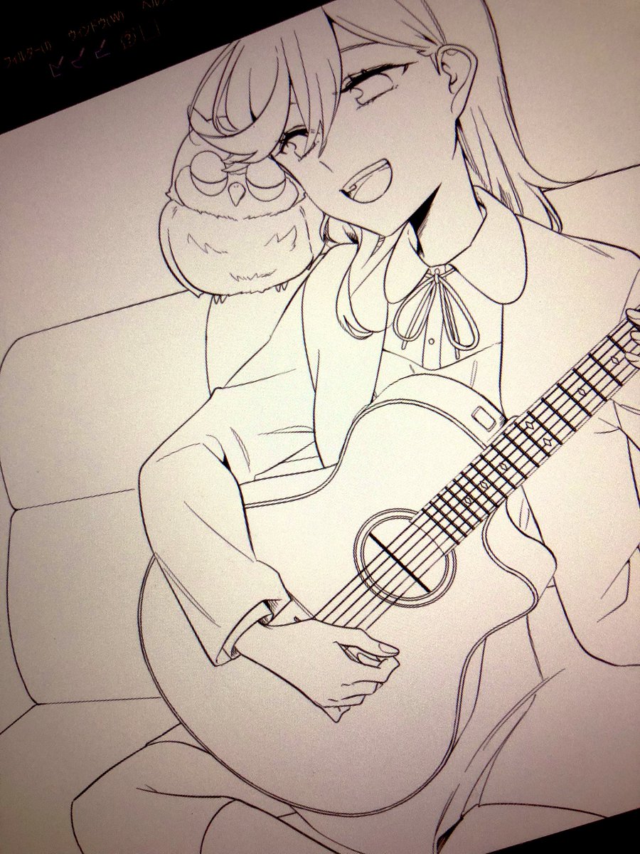 shibuya kanon 1girl instrument music guitar playing instrument monochrome couch  illustration images