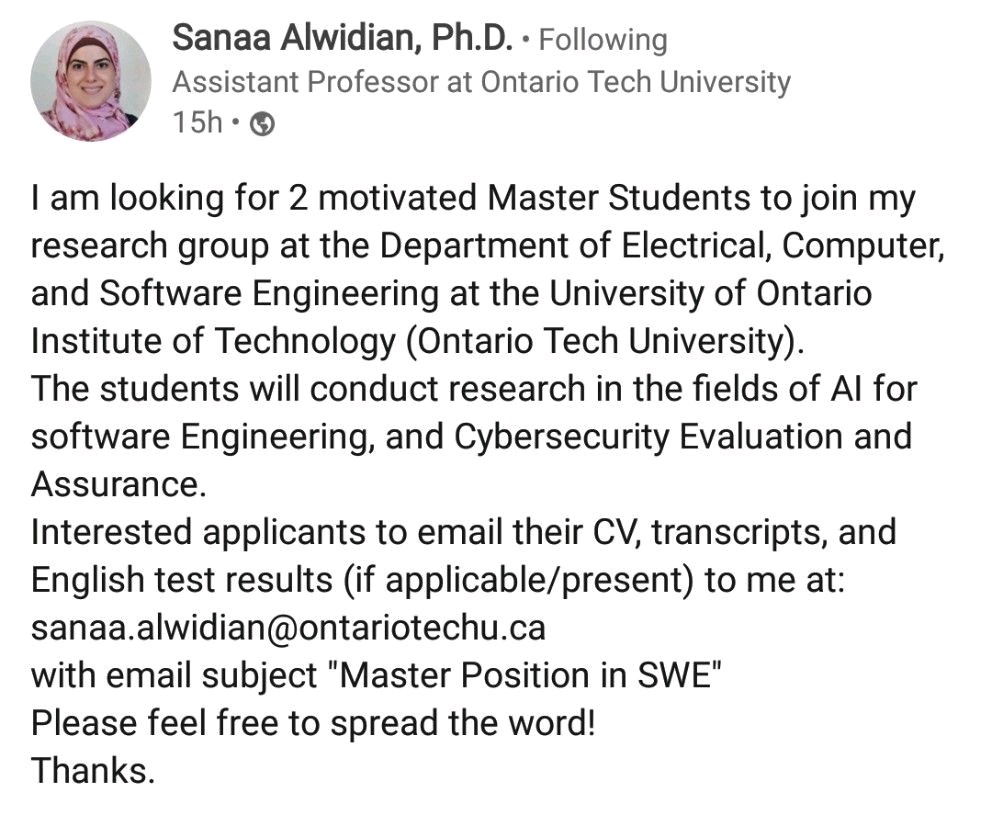 temjinem's tweet photo. Two Fully funded MSc positions available in Electrical, Computer, and Software Engineering at The Ontario Tech University (https://t.co/46MG3T2biE, Canada 🇨🇦
Apply 👇 E-mail:sanaa.alwidian@ontariotechu.ca
https://t.co/VOJ0FYWTSE
https://t.co/fePynEXmLQ
#research #MSposition https://t.co/tsNuP2uKg6