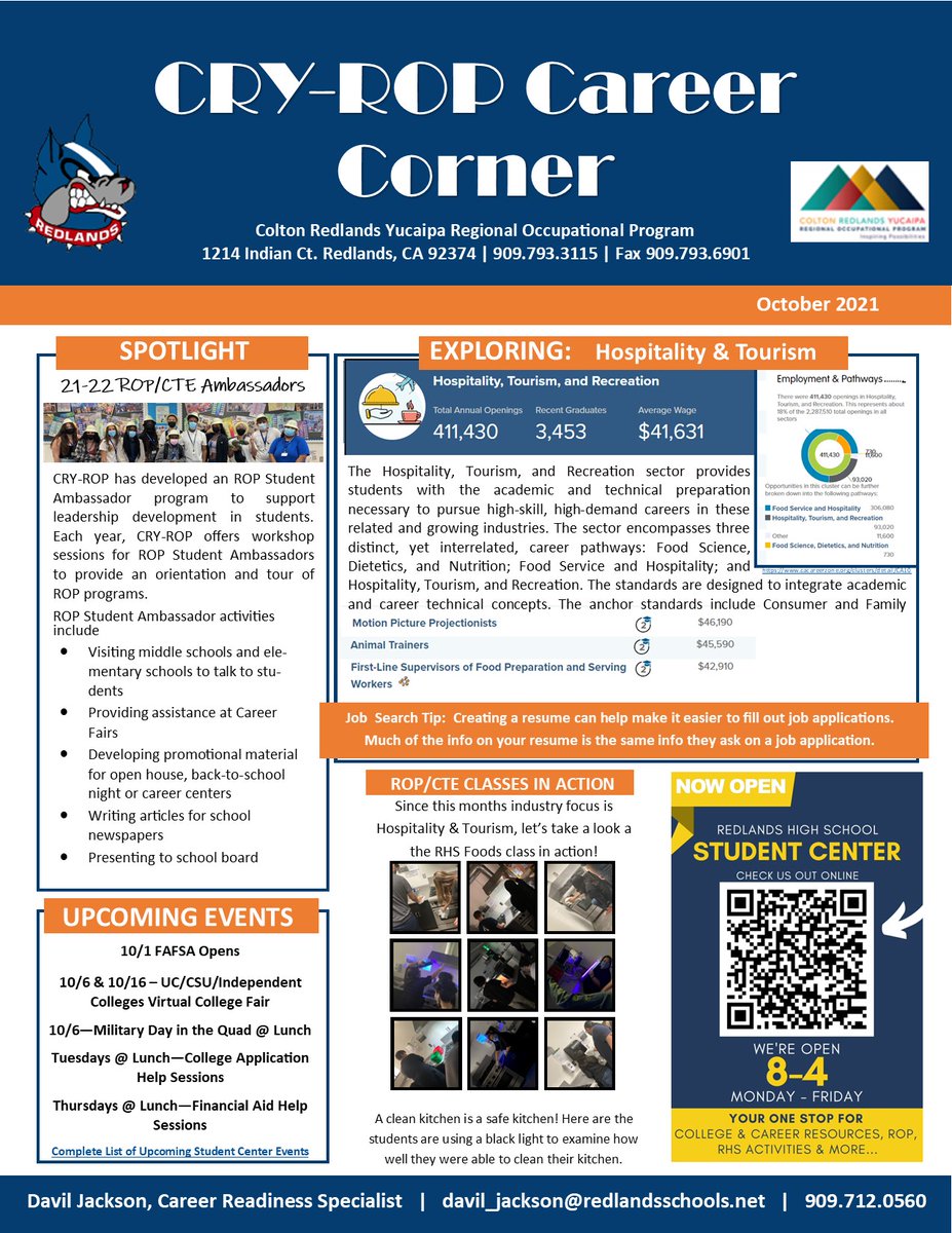#CRYROP October <a href="/RHSStuCen/">RHS Student Center</a> Career Corner Student Bulletin is available. We highlight the new ROP/CTE Ambassadors <a href="/rhs_terriers/">RHS_TERRIERS</a> &amp; Hospitality/Tourism Industry Sector. <a href="/RedlandsUSD/">Redlands USD</a> <a href="/YCJUSTWEETS/">Yucaipa-Calimesa Joint Unified School District</a> <a href="/ColtonJUSD/">Colton Joint Unified</a> <a href="/IEEP_/">IE Economic Partnership</a> <a href="/redlandschamber/">Redlands Chamber</a> <a href="/_IECA_/">Inland Empire Chamber Alliance</a> <a href="/SBCCDcolleges/">San Bernardino Colleges</a> <a href="/SBC_Alliance/">SBCALLIANCE</a> #CareerTechEd